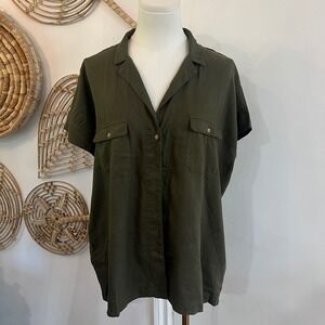 Old Navy Olive Green Linen Blend Button Down Camp Shirt Safari Utility Large